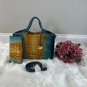 Brahmin Teal and Gold Croc-Embossed Satchel with Wallet and Strap